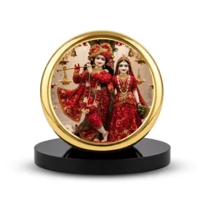 Car Dashboard/Table Top Radha And Krishna Metal Golden Photo Stand  2x2 Inches, Compact & Stylish Spiritual Display For Car, Home & Office (Pack Of 1) (F24622)