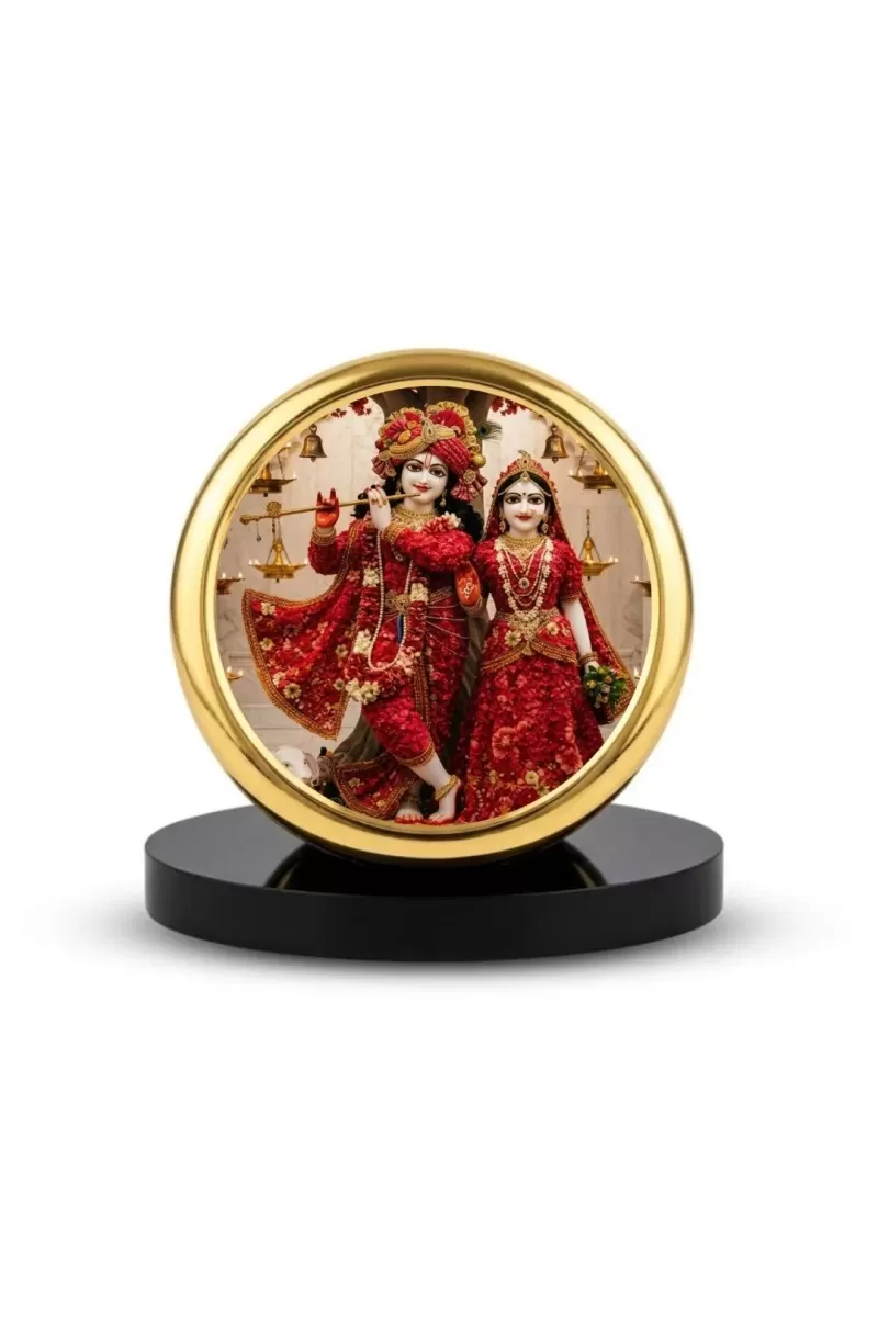 Car Dashboard/Table Top Radha And Krishna Metal Golden Photo Stand  2x2 Inches, Compact & Stylish Spiritual Display For Car, Home & Office (Pack Of 1) (F24622)