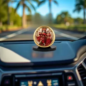 Car Dashboard/Table Top Radha And Krishna Metal Golden Photo Stand  2x2 Inches, Compact & Stylish Spiritual Display For Car, Home & Office (Pack Of 1) (F24622)