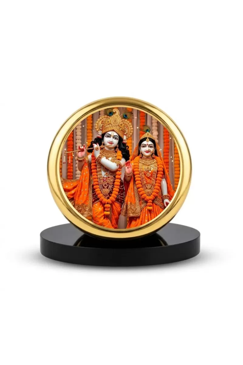 Car Dashboard/Table Top  Radha And Krishna Metal Golden Photo Stand  2x2 Inches, Compact & Stylish Spiritual Display For Car, Home & Office (Pack Of 1) (F24620)