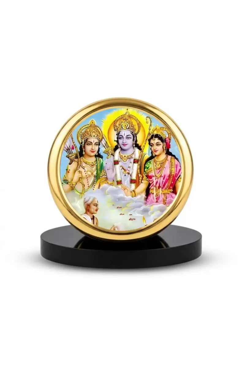 Car Dashboard/Table Top Eternal Ram Darbar: Sita, Ram, Lakshman, And Hanuman  Metal Golden Photo Stand &acirc;&euro;&ldquo; 2x2 Inches, Compact & Stylish Spiritual Display For Car, Home & Office (Pack Of 1) (F24616)