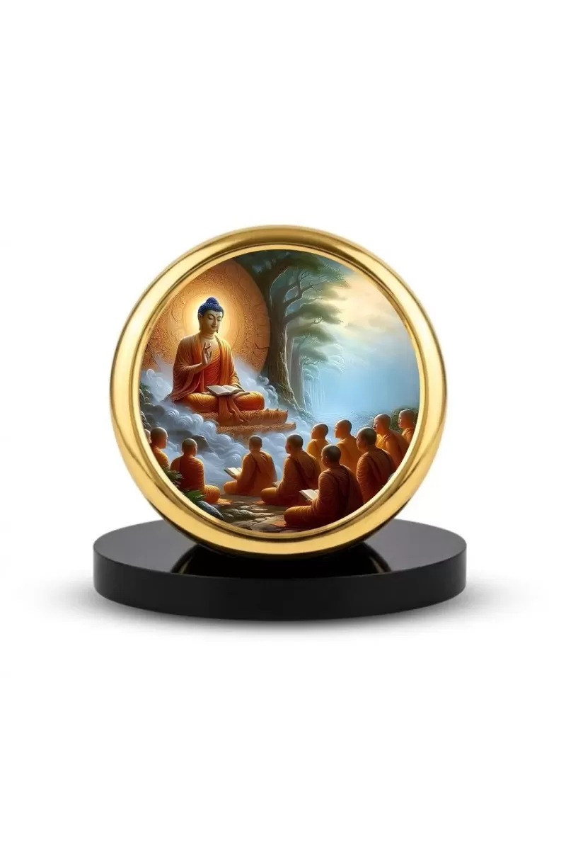 Car Dashboard/Table Top Buddha The Last Sermon Metal Golden Photo Stand  2x2 Inches, Compact & Stylish Spiritual Display For Car, Home & Office (Pack Of 1) (F24618)