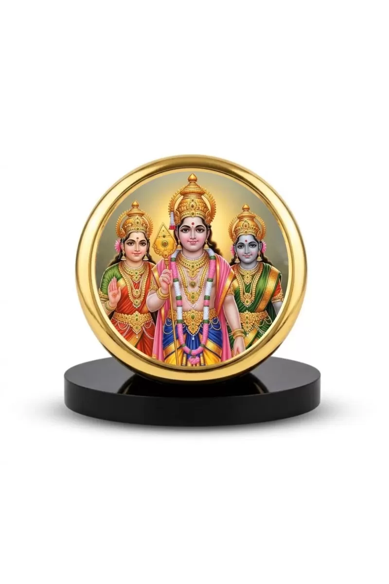 Car Dashboard/Table Top Lord Murugan With Goddess Valli And Devasena.  Metal Golden Photo Stand  2x2 Inches, Compact & Stylish Spiritual Display For Car, Home & Office (Pack Of 1) (F24635)