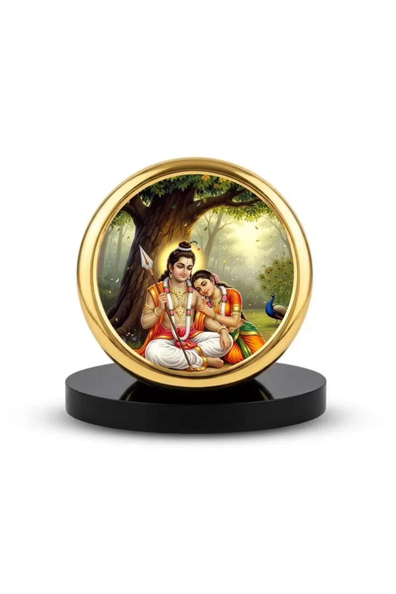 Car Dashboard/Table Top Lord Murugan And His Consort Valli Metal Golden Photo Stand  2x2 Inches, Compact & Stylish Spiritual Display For Car, Home & Office (Pack Of 1) (F24637)