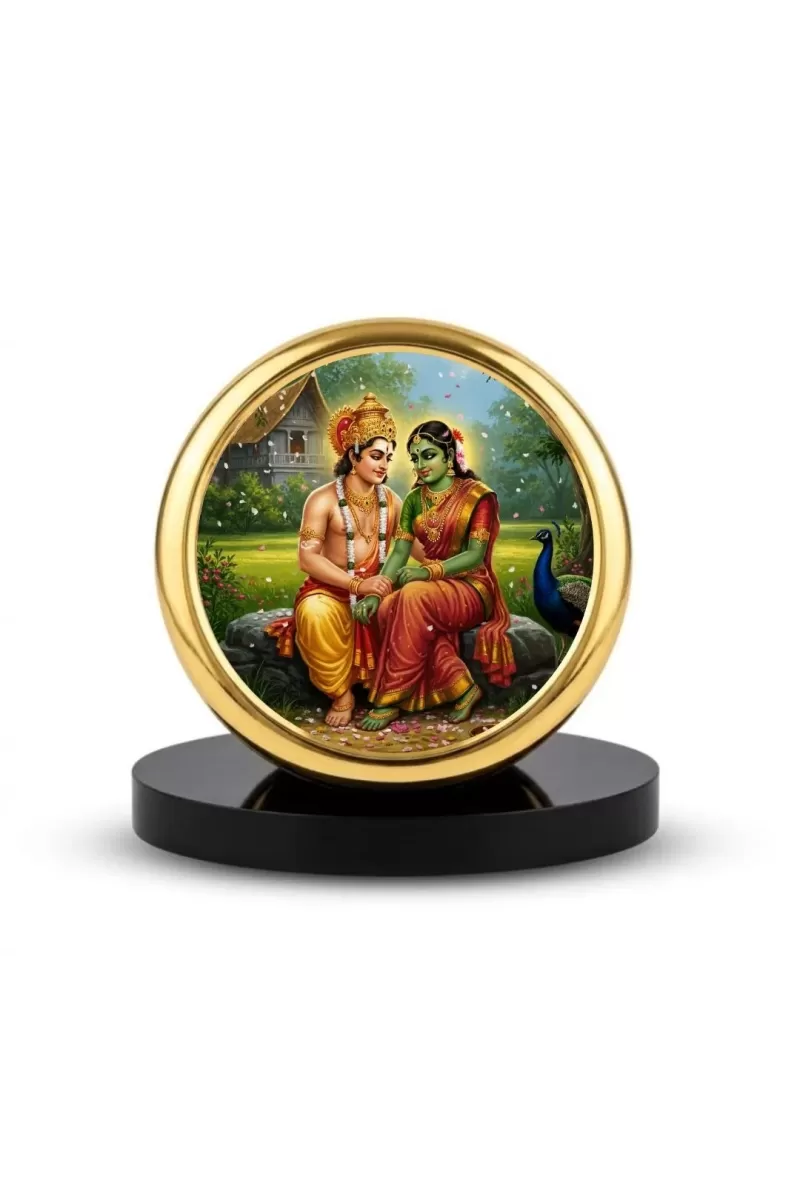 Car Dashboard/Table Top Lord Murugan And His Consort Valli. Metal Golden Photo Stand  2x2 Inches, Compact & Stylish Spiritual Display For Car, Home & Office (Pack Of 1) (F24638)