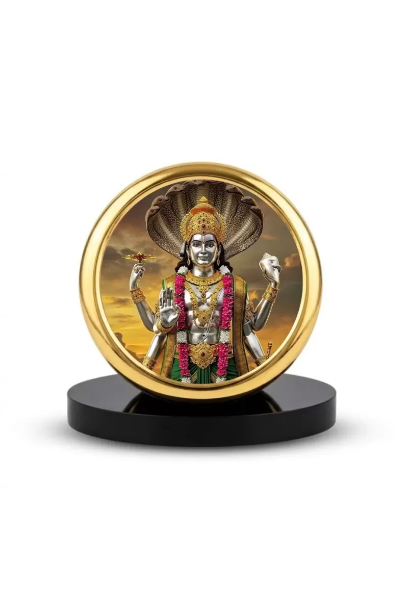 Car Dashboard/Table Top Lord Vishnu Metal Golden Photo Stand  2x2 Inches, Compact & Stylish Spiritual Display For Car, Home & Office (Pack Of 1) (F24640)