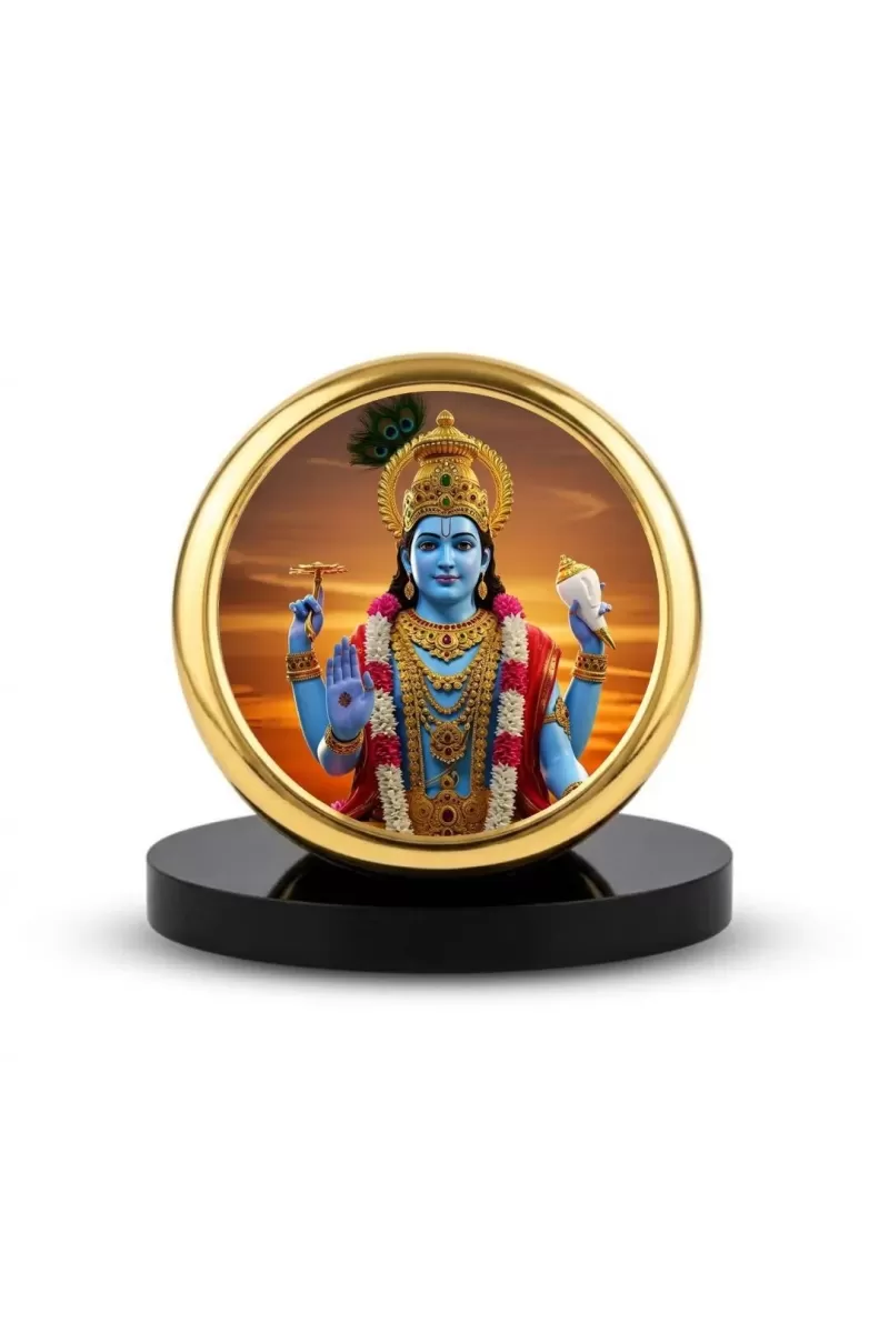 Car Dashboard/Table Top  Lord Vishnu Metal Golden Photo Stand  2x2 Inches, Compact & Stylish Spiritual Display For Car, Home & Office (Pack Of 1) (F24644)