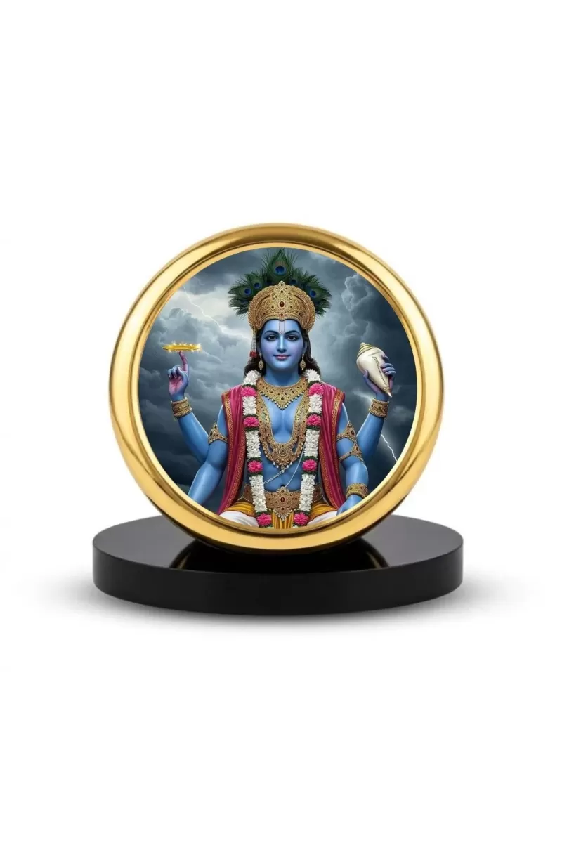 Car Dashboard/Table Top  Lord Vishnu Metal Golden Photo Stand  2x2 Inches, Compact & Stylish Spiritual Display For Car, Home & Office (Pack Of 1) (F24645)
