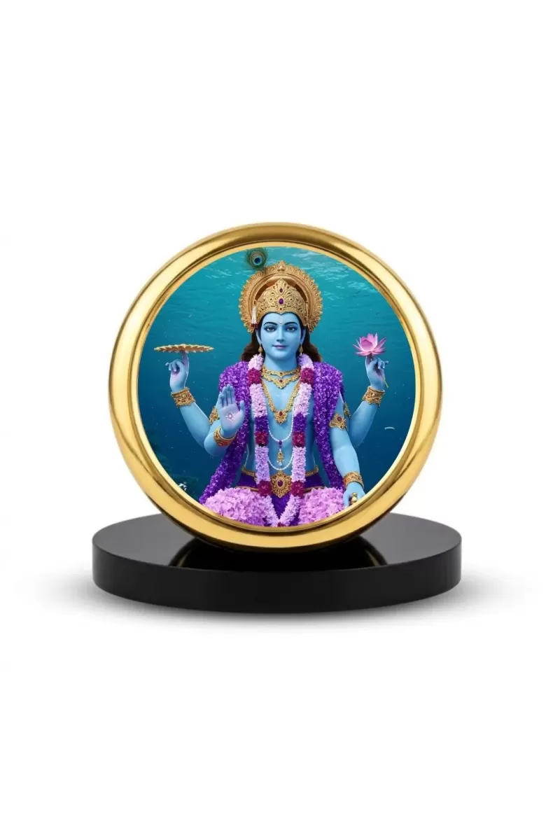 Car Dashboard/Table Top  Lord Vishnu Metal Golden Photo Stand  2x2 Inches, Compact & Stylish Spiritual Display For Car, Home & Office (Pack Of 1) (F24646)
