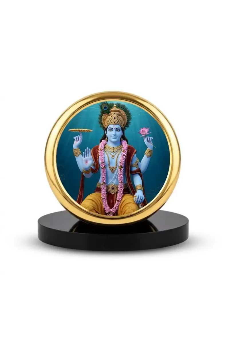 Car Dashboard/Table Top  Lord Vishnu Metal Golden Photo Stand  2x2 Inches, Compact & Stylish Spiritual Display For Car, Home & Office (Pack Of 1) (F24649)