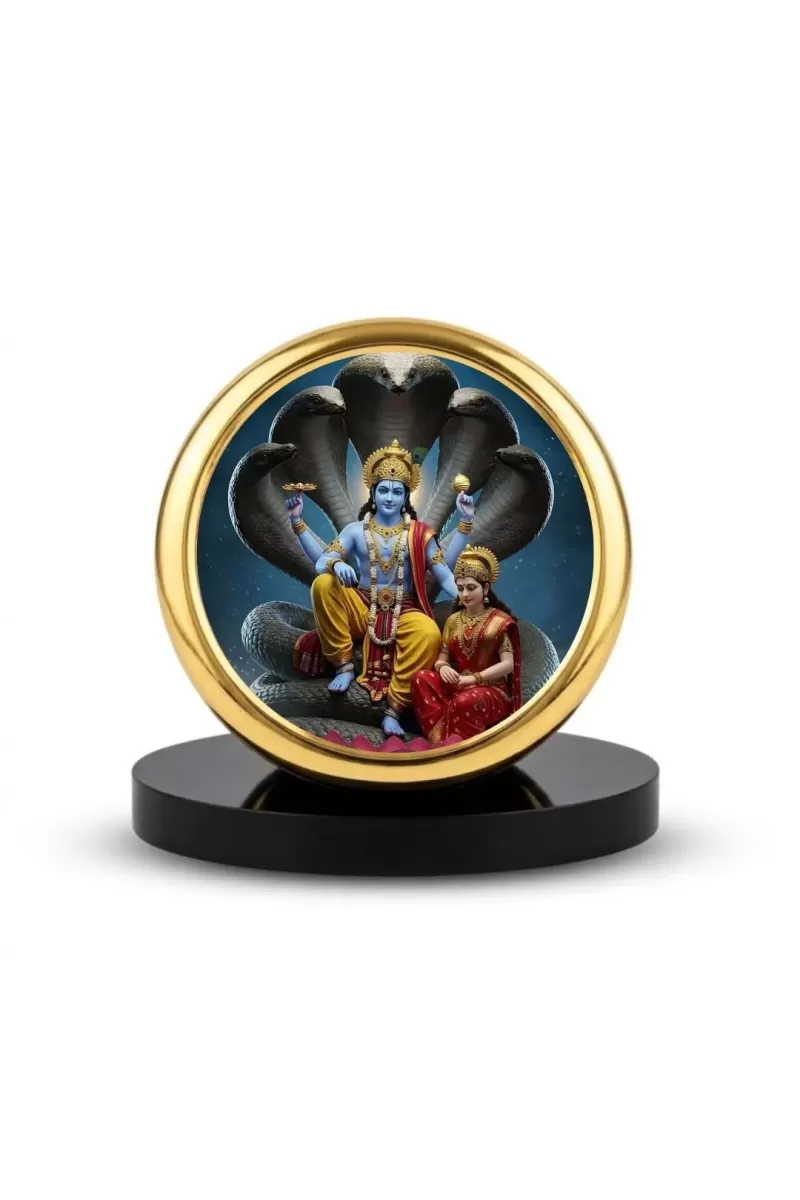 Car Dashboard/Table Top  Lord Vishnu And Goddess Lakshmi Seated On The Sheshnaag Metal Golden Photo Stand &acirc;&euro;&ldquo; 2x2 Inches, Compact & Stylish Spiritual Display For Car, Home & Office (Pack Of 1) (F24652)