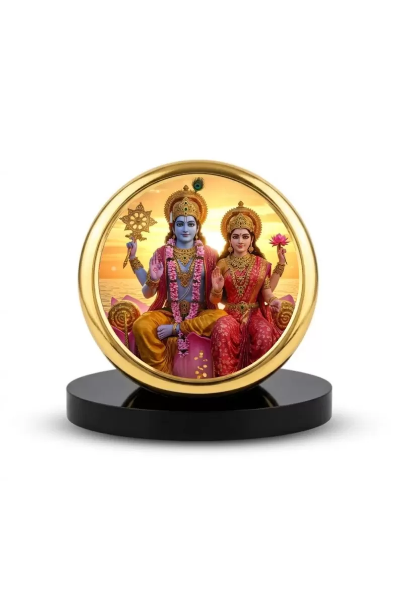 Car Dashboard/Table Top  Laxmi Narayan Metal Golden Photo Stand  2x2 Inches, Compact & Stylish Spiritual Display For Car, Home & Office (Pack Of 1) (F24654)