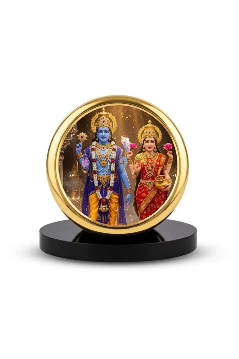 Car Dashboard/Table Top Laxmi Narayana Metal Golden Photo Stand  2x2 Inches, Compact & Stylish Spiritual Display For Car, Home & Office (Pack Of 1) (F24655)