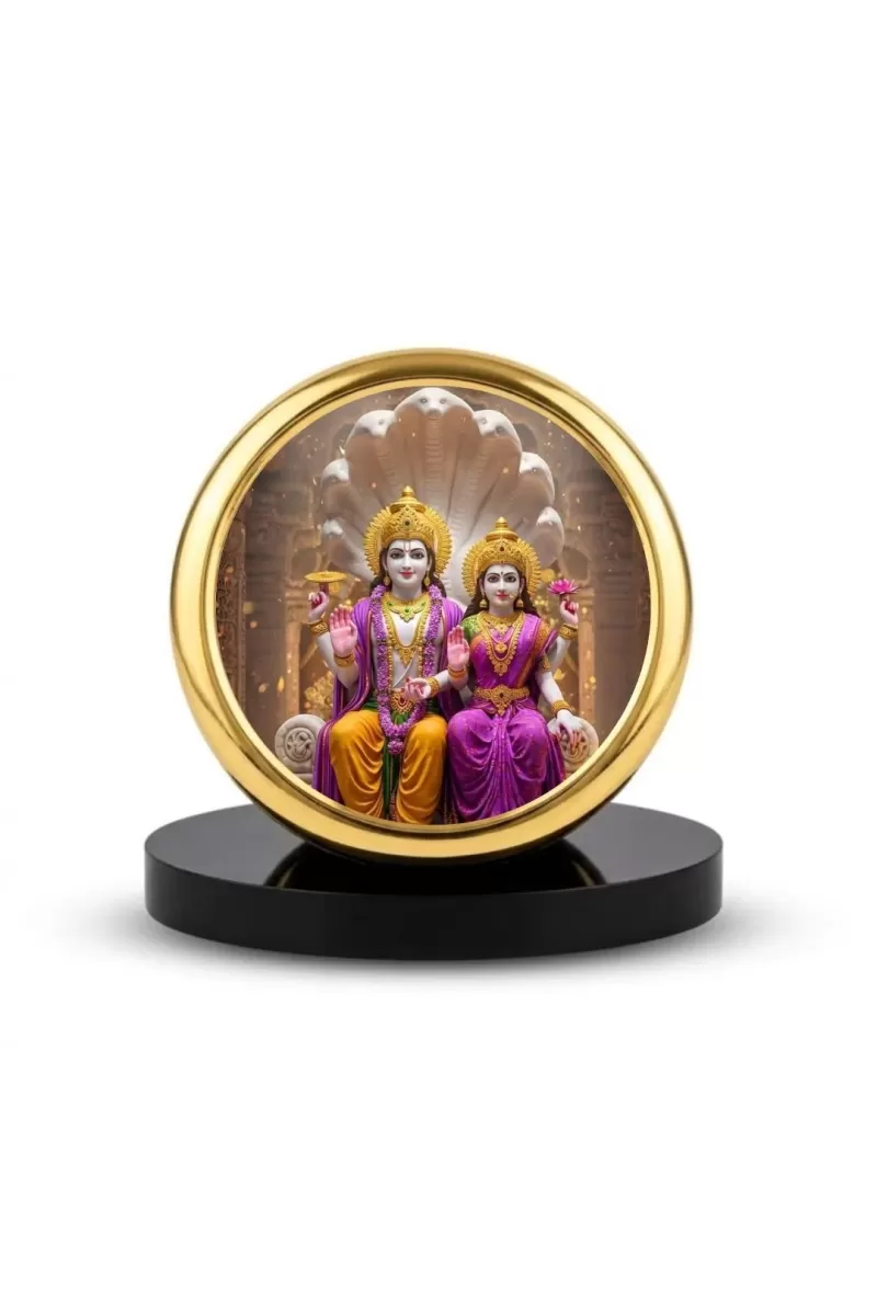Car Dashboard/Table Top Laxmi Narayana Metal Golden Photo Stand  2x2 Inches, Compact & Stylish Spiritual Display For Car, Home & Office (Pack Of 1) (F24656)