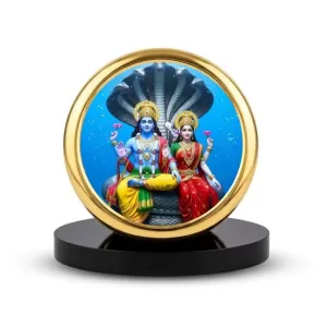 Car Dashboard/Table Top Lord Vishnu And Goddess Lakshmi Seated On The Sheshnaag Metal Golden Photo Stand – 2x2 Inches, Compact & Stylish Spiritual Display For Car, Home & Office (Pack Of 1) (F24657) Car Dashboard/Table Top Lord Vishnu And Goddess Lakshmi Seated On The Sheshnaag Metal Golden Photo Stand – 2x2 Inches, Compact & Stylish Spiritual Display For Car, Home & Office (Pack Of 1) (F24657)