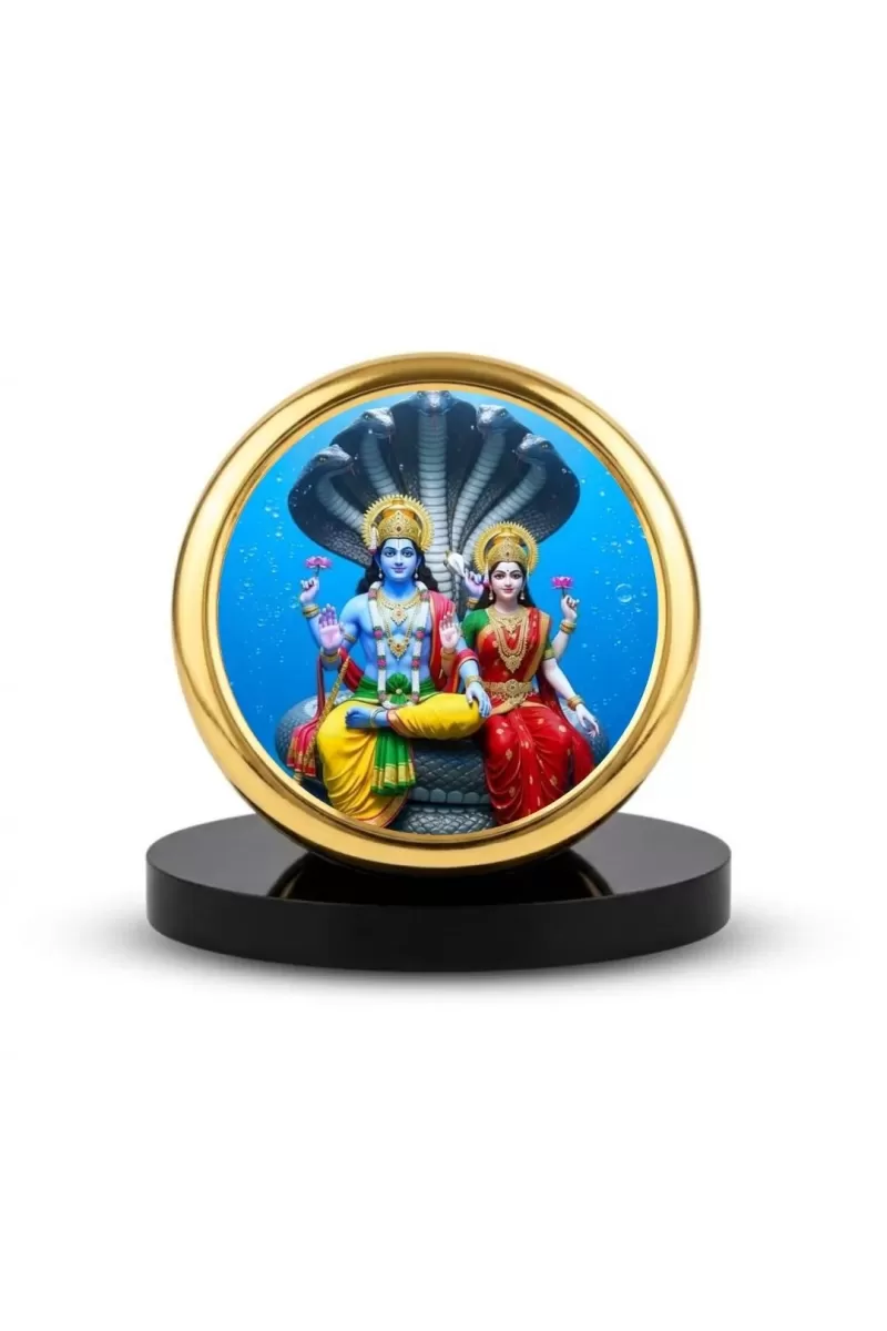 Car Dashboard/Table Top  Lord Vishnu And Goddess Lakshmi Seated On The Sheshnaag Metal Golden Photo Stand &acirc;&euro;&ldquo; 2x2 Inches, Compact & Stylish Spiritual Display For Car, Home & Office (Pack Of 1) (F24657)