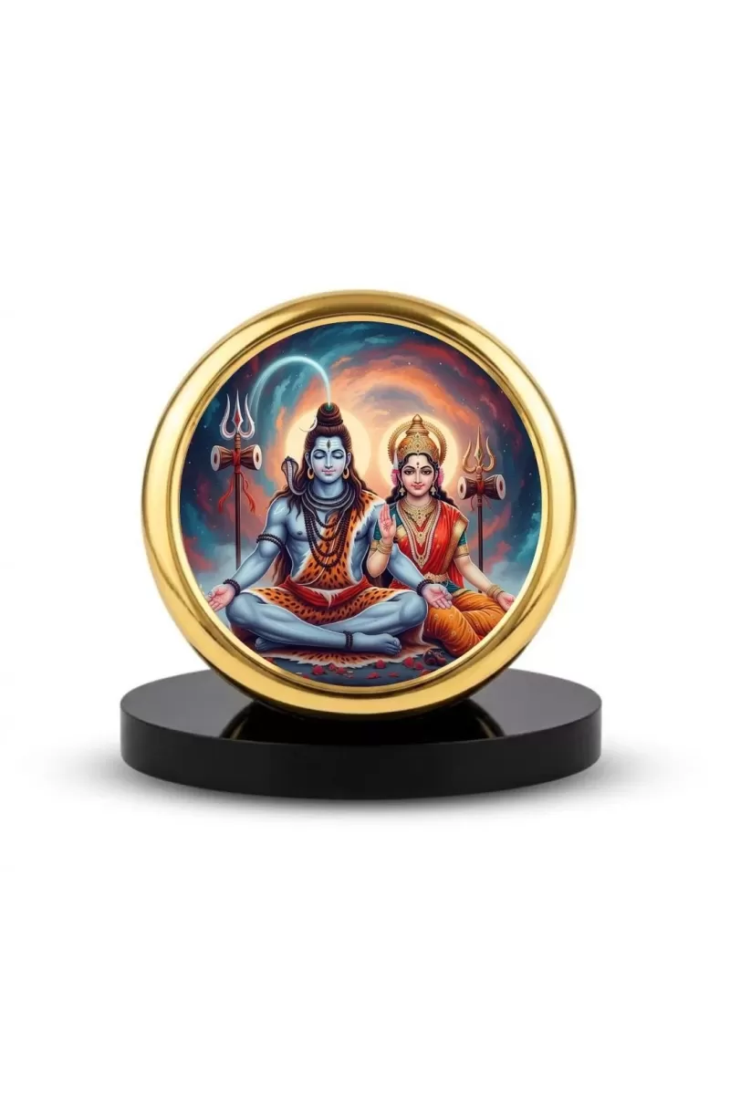 Car Dashboard/Table Top  Shiv Parvati Metal Golden Photo Stand  2x2 Inches, Compact & Stylish Spiritual Display For Car, Home & Office (Pack Of 1) (F24662)