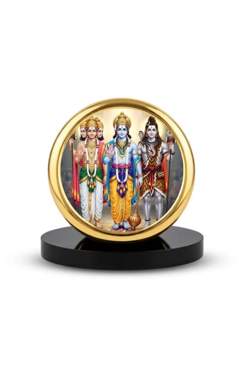 Car Dashboard/Table Top Trimurti Metal Golden Photo Stand  2x2 Inches, Compact & Stylish Spiritual Display For Car, Home & Office (Pack Of 1) (F24664)