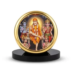 Car Dashboard/Table Top Sai Baba With Other Deities Metal Golden Photo Stand  2x2 Inches, Compact & Stylish Spiritual Display For Car, Home & Office (Pack Of 1) (F24665)