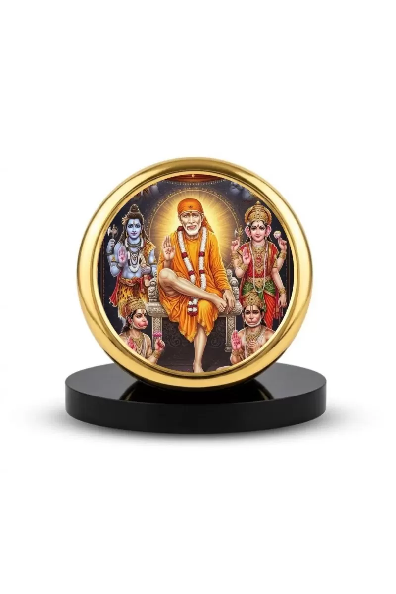 Car Dashboard/Table Top Sai Baba With Other Deities Metal Golden Photo Stand  2x2 Inches, Compact & Stylish Spiritual Display For Car, Home & Office (Pack Of 1) (F24665)