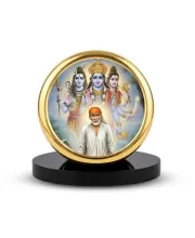 Car Dashboard/Table Top Shirdi Sai Baba And The Shiva Parivar Metal Golden Photo Stand  2x2 Inches, Compact & Stylish Spiritual Display For Car, Home & Office (Pack Of 1) (F24666)