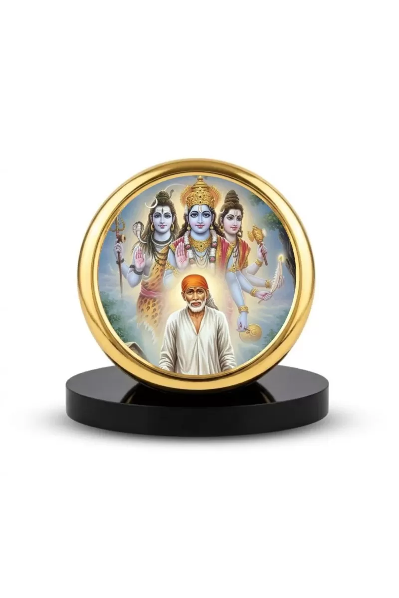 Car Dashboard/Table Top Shirdi Sai Baba And The Shiva Parivar Metal Golden Photo Stand  2x2 Inches, Compact & Stylish Spiritual Display For Car, Home & Office (Pack Of 1) (F24666)