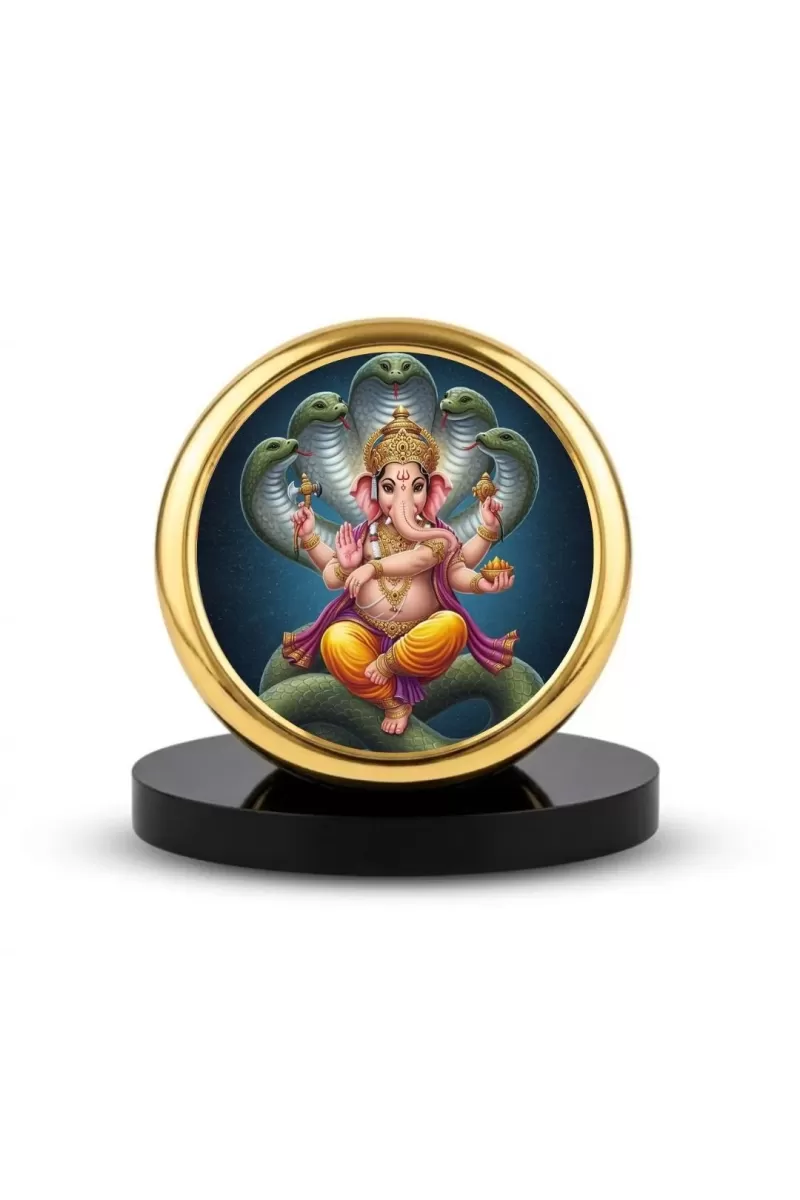 Car Dashboard/Table Top Lord Ganesha Metal Golden Photo Stand  2x2 Inches, Compact & Stylish Spiritual Display For Car, Home & Office (Pack Of 1) (F24676)