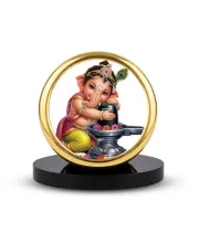 Car Dashboard/Table Top Lord Ganesha Hugging Shivling  Metal Golden Photo Stand  2x2 Inches, Compact & Stylish Spiritual Display For Car, Home & Office (Pack Of 1) (F24679)