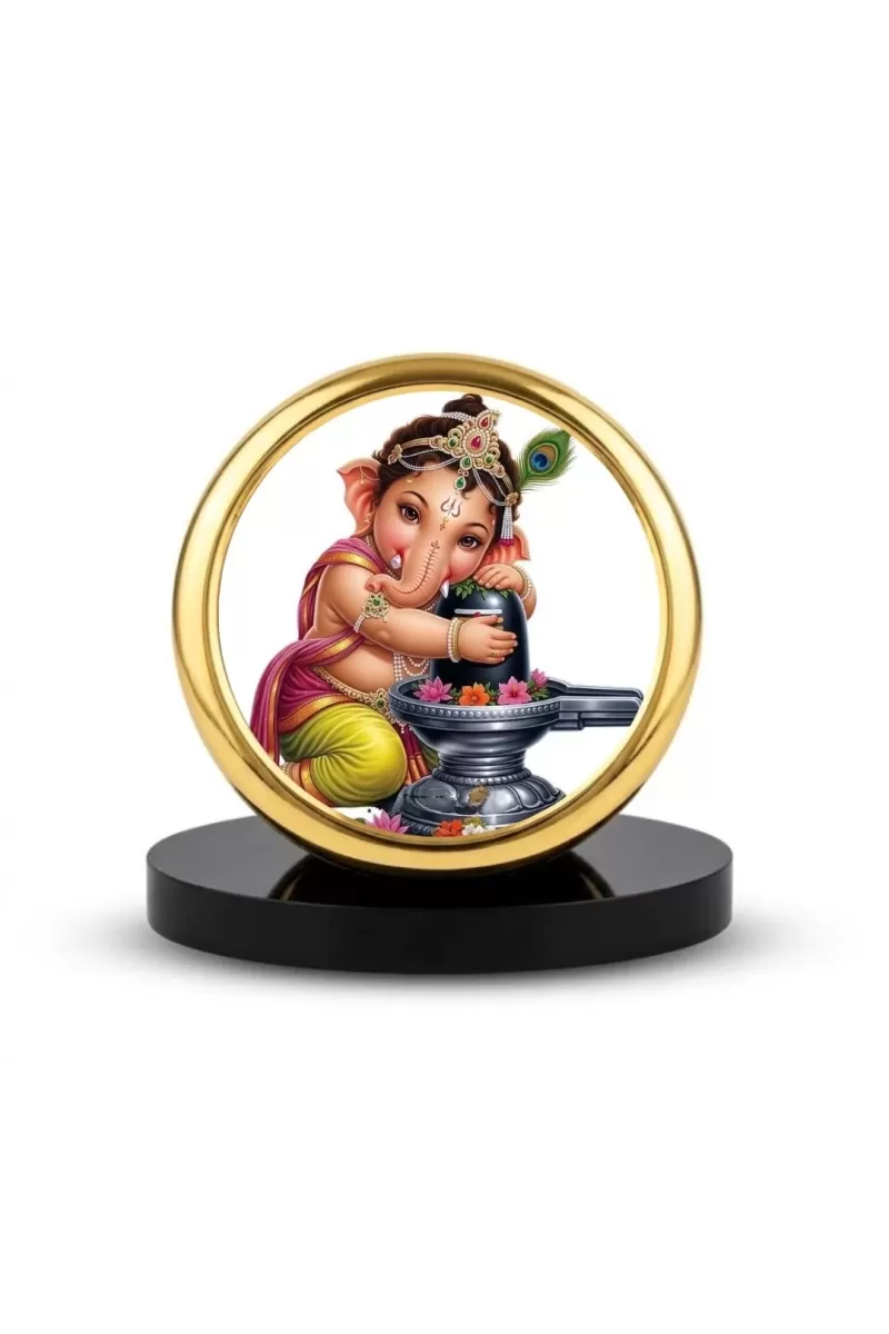 Car Dashboard/Table Top Lord Ganesha Hugging Shivling  Metal Golden Photo Stand  2x2 Inches, Compact & Stylish Spiritual Display For Car, Home & Office (Pack Of 1) (F24679)
