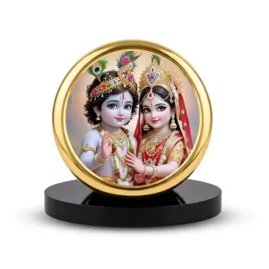 Car Dashboard/Table Top Radha Krishna  Metal Golden Photo Stand  2x2 Inches, Compact & Stylish Spiritual Display For Car, Home & Office (Pack Of 1) (F24682)