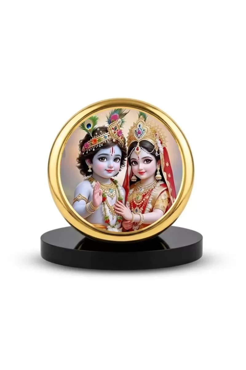 Car Dashboard/Table Top Radha Krishna  Metal Golden Photo Stand  2x2 Inches, Compact & Stylish Spiritual Display For Car, Home & Office (Pack Of 1) (F24682)