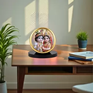 Car Dashboard/Table Top Radha Krishna  Metal Golden Photo Stand  2x2 Inches, Compact & Stylish Spiritual Display For Car, Home & Office (Pack Of 1) (F24682)