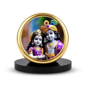 Car Dashboard/Table Top Radha Krishna  Metal Golden Photo Stand  2x2 Inches, Compact & Stylish Spiritual Display For Car, Home & Office (Pack Of 1) (F24683)