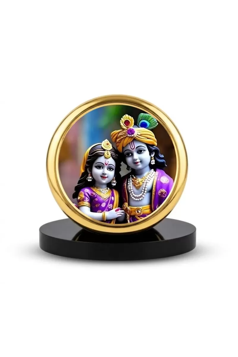 Car Dashboard/Table Top Radha Krishna  Metal Golden Photo Stand  2x2 Inches, Compact & Stylish Spiritual Display For Car, Home & Office (Pack Of 1) (F24683)