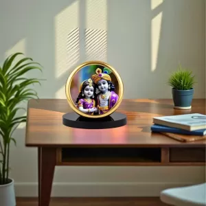 Car Dashboard/Table Top Radha Krishna  Metal Golden Photo Stand  2x2 Inches, Compact & Stylish Spiritual Display For Car, Home & Office (Pack Of 1) (F24683)