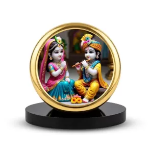 Car Dashboard/Table Top Radha Krishna  Metal Golden Photo Stand  2x2 Inches, Compact & Stylish Spiritual Display For Car, Home & Office (Pack Of 1) (F24684)