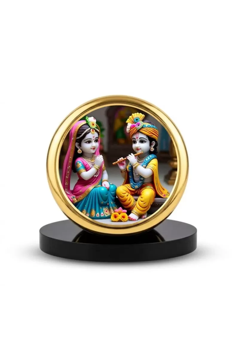 Car Dashboard/Table Top Radha Krishna  Metal Golden Photo Stand  2x2 Inches, Compact & Stylish Spiritual Display For Car, Home & Office (Pack Of 1) (F24684)