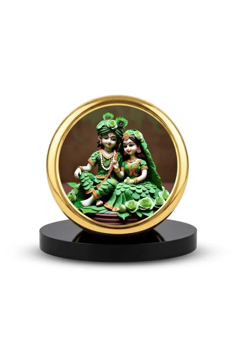 Car Dashboard/Table Top Radha Krishna  Metal Golden Photo Stand  2x2 Inches, Compact & Stylish Spiritual Display For Car, Home & Office (Pack Of 1) (F24685)