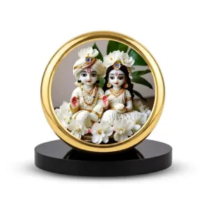 Car Dashboard/Table Top Radha Krishna  Metal Golden Photo Stand  2x2 Inches, Compact & Stylish Spiritual Display For Car, Home & Office (Pack Of 1) (F24686)