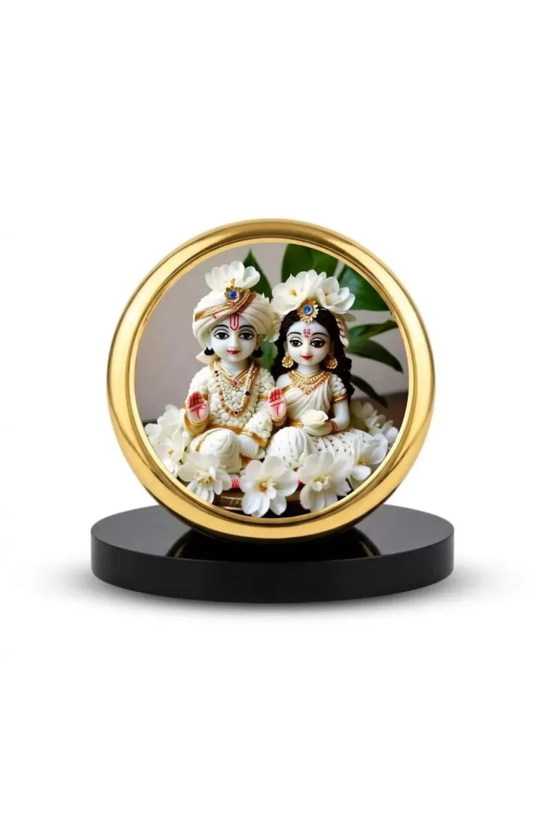 Car Dashboard/Table Top Radha Krishna  Metal Golden Photo Stand  2x2 Inches, Compact & Stylish Spiritual Display For Car, Home & Office (Pack Of 1) (F24686)