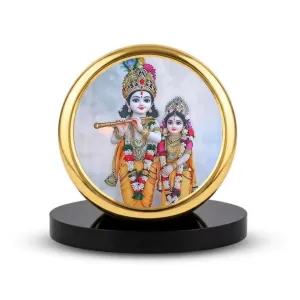 Car Dashboard/Table Top Radha Krishna  Metal Golden Photo Stand  2x2 Inches, Compact & Stylish Spiritual Display For Car, Home & Office (Pack Of 1) (F24687)