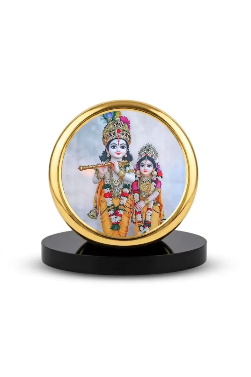 Car Dashboard/Table Top Radha Krishna  Metal Golden Photo Stand  2x2 Inches, Compact & Stylish Spiritual Display For Car, Home & Office (Pack Of 1) (F24687)