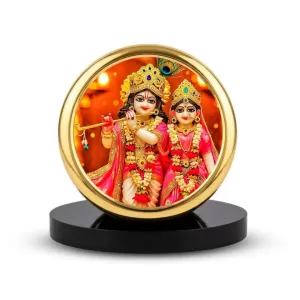 Car Dashboard/Table Top Radha Krishna  Metal Golden Photo Stand  2x2 Inches, Compact & Stylish Spiritual Display For Car, Home & Office (Pack Of 1) (F24688)