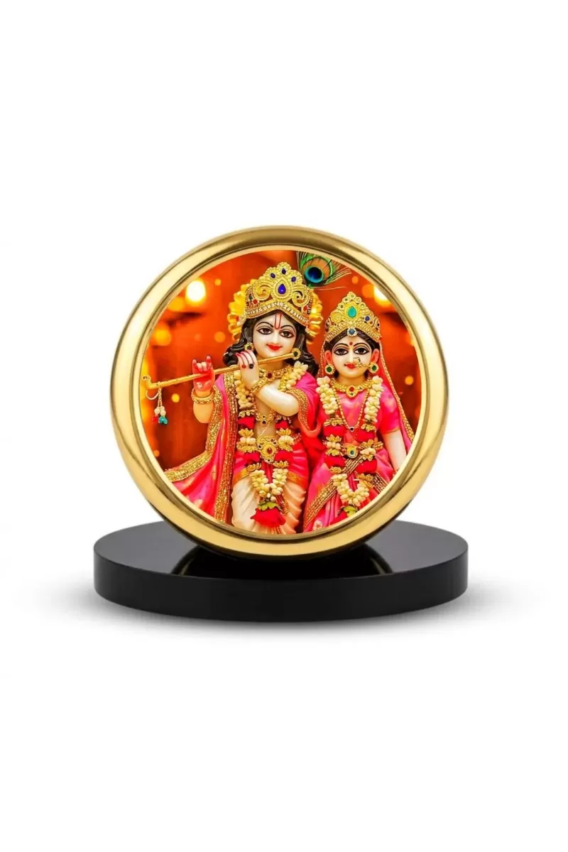 Car Dashboard/Table Top Radha Krishna  Metal Golden Photo Stand  2x2 Inches, Compact & Stylish Spiritual Display For Car, Home & Office (Pack Of 1) (F24688)