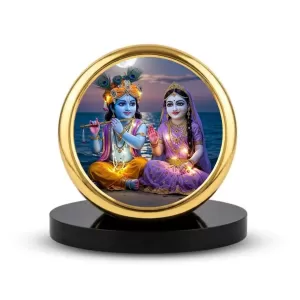 Car Dashboard/Table Top Radha Krishna  Metal Golden Photo Stand  2x2 Inches, Compact & Stylish Spiritual Display For Car, Home & Office (Pack Of 1) (F24689)