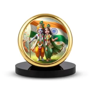 Car Dashboard/Table Top Radha Krishna  Metal Golden Photo Stand  2x2 Inches, Compact & Stylish Spiritual Display For Car, Home & Office (Pack Of 1) (F24690)