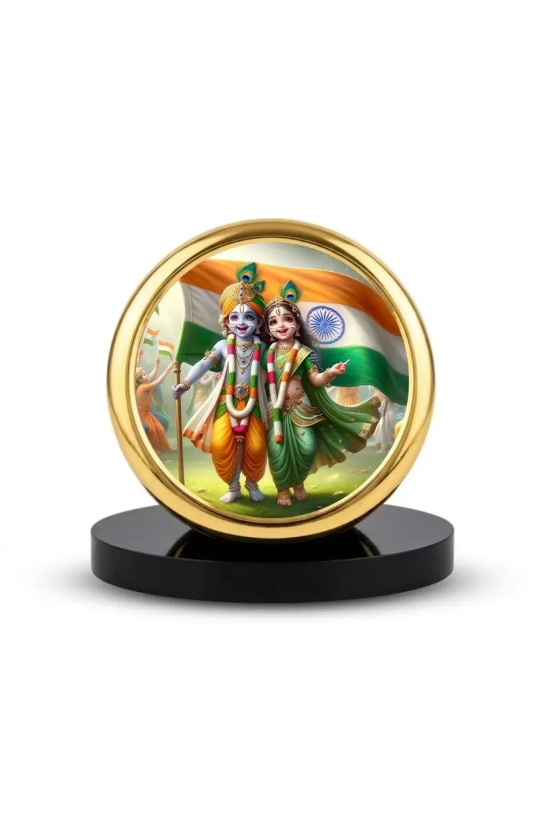 Car Dashboard/Table Top Radha Krishna  Metal Golden Photo Stand  2x2 Inches, Compact & Stylish Spiritual Display For Car, Home & Office (Pack Of 1) (F24690)