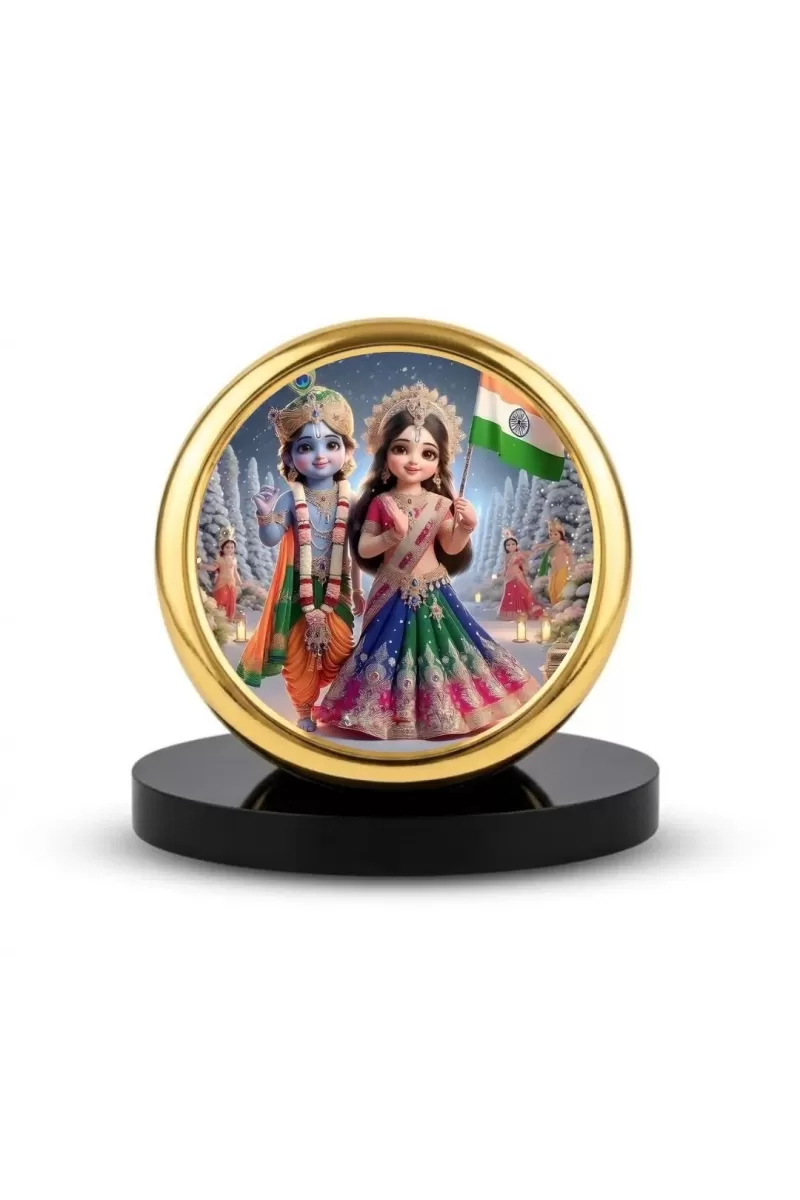 Car Dashboard/Table Top Radha Krishna  Metal Golden Photo Stand  2x2 Inches, Compact & Stylish Spiritual Display For Car, Home & Office (Pack Of 1) (F24691)