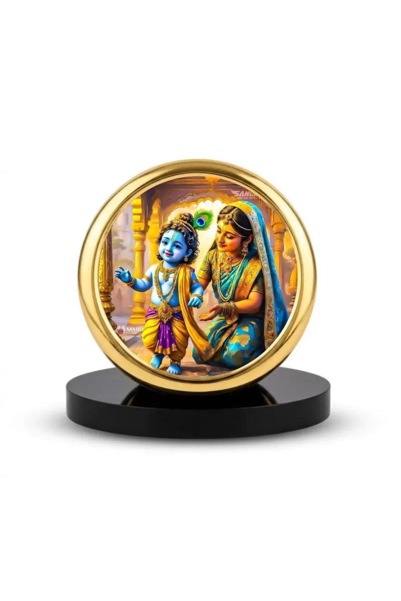 Car Dashboard/Table Top Yashoda Maa With Laddu Gopal Krishna Metal Golden Photo Stand  2x2 Inches, Compact & Stylish Spiritual Display For Car, Home & Office (Pack Of 1) (F24692)