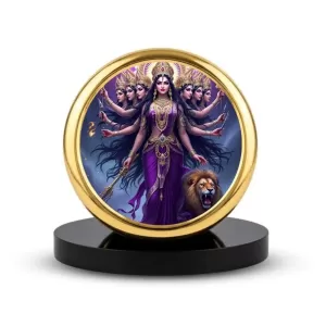 Car Dashboard/Table Top Goddess Durga Metal Golden Photo Stand 2x2 Inches, Compact & Stylish Spiritual Display For Car, Home & Office (Pack Of 1) (F24695) Car Dashboard/Table Top Goddess Durga Metal Golden Photo Stand 2x2 Inches, Compact & Stylish Spiritual Display For Car, Home & Office (Pack Of 1) (F24695)